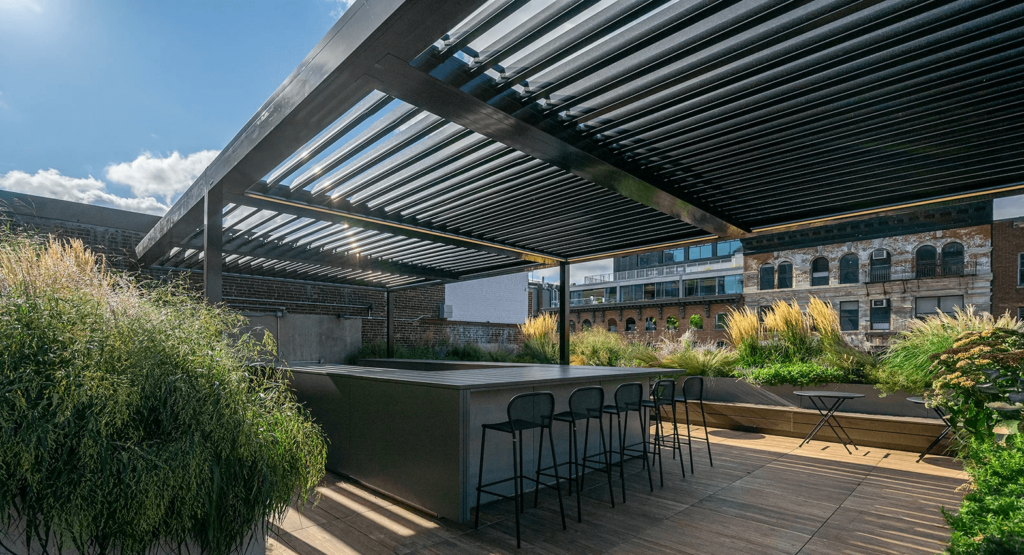 outdoor bar area with Beaufurn barstools and Shelter Outdoor pergola

