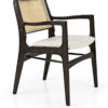 Jenna Rattan Arm Chair. Dark Walnut Wood Frame with upholstered seat and rattan back