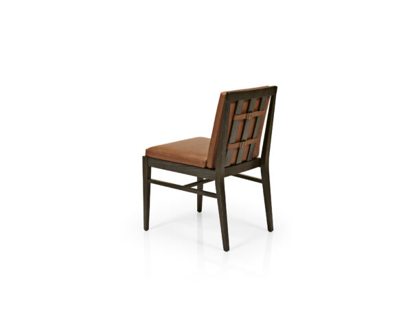 Chelsea Side Chair back. Wood Frame with rust upholstered seat and back. Back has belt holding cushion to frame.